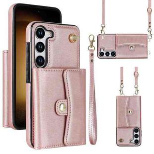 For Samsung Galaxy S23+ 5G RFID Card Slot Leather Phone Case with Long Lanyard(Rose Gold)