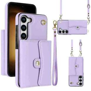 For Samsung Galaxy S23+ 5G RFID Card Slot Leather Phone Case with Long Lanyard(Purple)