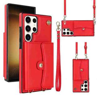For Samsung Galaxy S23 Ultra 5G RFID Card Slot Leather Phone Case with Long Lanyard(Red)