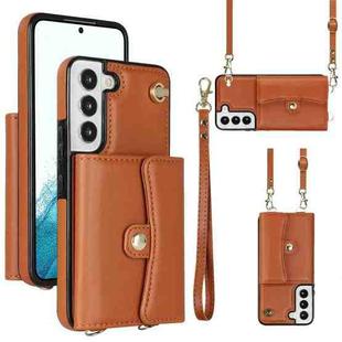 For Samsung Galaxy S22 5G RFID Card Slot Leather Phone Case with Long Lanyard(Brown)