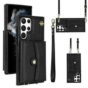 For Samsung Galaxy S22 Ultra 5G RFID Card Slot Leather Phone Case with Long Lanyard(Black)