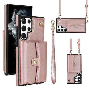 For Samsung Galaxy S22 Ultra 5G RFID Card Slot Leather Phone Case with Long Lanyard(Rose Gold)