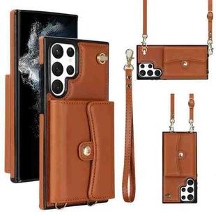 For Samsung Galaxy S22 Ultra 5G RFID Card Slot Leather Phone Case with Long Lanyard(Brown)