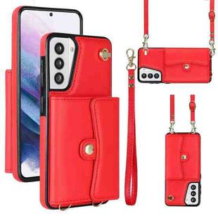 For Samsung Galaxy S21 5G RFID Card Slot Leather Phone Case with Long Lanyard(Red)