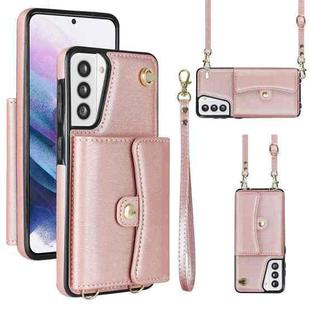 For Samsung Galaxy S21 5G RFID Card Slot Leather Phone Case with Long Lanyard(Rose Gold)