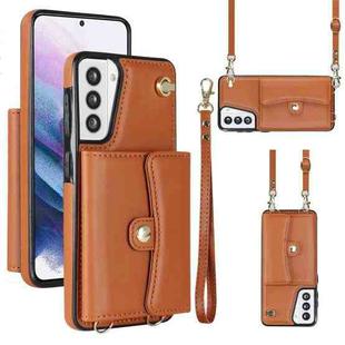 For Samsung Galaxy S21 5G RFID Card Slot Leather Phone Case with Long Lanyard(Brown)