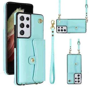For Samsung Galaxy S21 Ultra 5G RFID Card Slot Leather Phone Case with Long Lanyard(Mint Green)