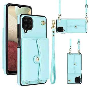 For Samsung Galaxy A12 RFID Card Slot Leather Phone Case with Long Lanyard(Mint Green)