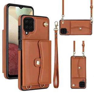 For Samsung Galaxy A12 RFID Card Slot Leather Phone Case with Long Lanyard(Brown)