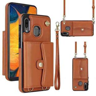 For Samsung Galaxy A20 / A30 RFID Card Slot Leather Phone Case with Long Lanyard(Brown)