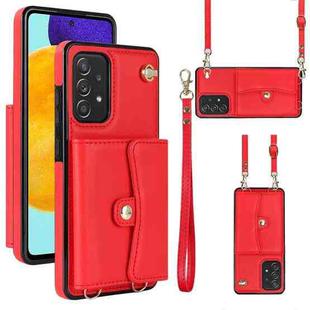For Samsung Galaxy A52 5G RFID Card Slot Leather Phone Case with Long Lanyard(Red)