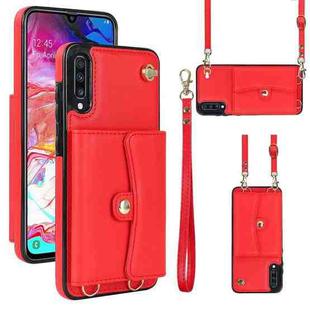 For Samsung Galaxy A70 RFID Card Slot Leather Phone Case with Long Lanyard(Red)