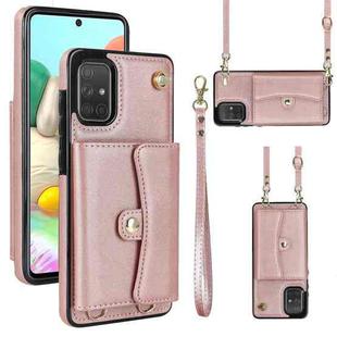 For Samsung Galaxy A71 4G RFID Card Slot Leather Phone Case with Long Lanyard(Rose Gold)