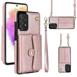 For Samsung Galaxy A73 5G RFID Card Slot Leather Phone Case with Long Lanyard(Rose Gold)