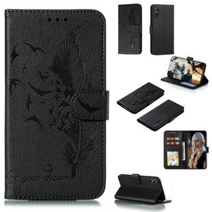 For Huawei Enjoy 10e Litchi Texture Feather Embossing Pattern Horizontal Flip Leather Case with Holder & Card Slots & Wallet & Photo Frame & Lanyard(Black)
