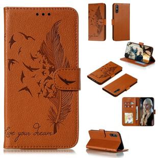 For Huawei Enjoy 10e Litchi Texture Feather Embossing Pattern Horizontal Flip Leather Case with Holder & Card Slots & Wallet & Photo Frame & Lanyard(Brown)