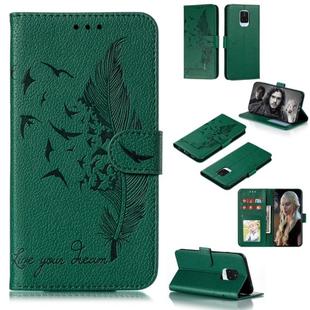 For Xiaomi Redmi Note 9 Pro Litchi Texture Feather Embossing Pattern Horizontal Flip Leather Case with Holder & Card Slots & Wallet & Photo Frame & Lanyard(Green)