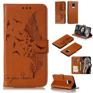 For Xiaomi Redmi Note 9 Pro Litchi Texture Feather Embossing Pattern Horizontal Flip Leather Case with Holder & Card Slots & Wallet & Photo Frame & Lanyard(Brown)