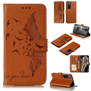 For Huawei Nova 7 Litchi Texture Feather Embossing Pattern Horizontal Flip Leather Case with Holder & Card Slots & Wallet & Photo Frame & Lanyard(Brown)