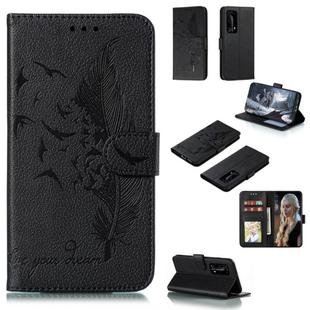 For Huawei P40 Pro+ Litchi Texture Feather Embossing Pattern Horizontal Flip Leather Case with Holder & Card Slots & Wallet & Photo Frame & Lanyard(Black)