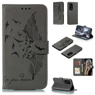 For Huawei P40 Pro+ Litchi Texture Feather Embossing Pattern Horizontal Flip Leather Case with Holder & Card Slots & Wallet & Photo Frame & Lanyard(Grey)