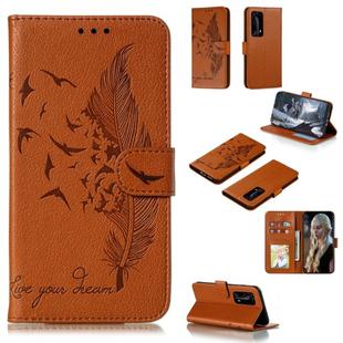 For Huawei P40 Pro+ Litchi Texture Feather Embossing Pattern Horizontal Flip Leather Case with Holder & Card Slots & Wallet & Photo Frame & Lanyard(Brown)