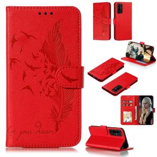 For Huawei Honor 30 Litchi Texture Feather Embossing Pattern Horizontal Flip Leather Case with Holder & Card Slots & Wallet & Photo Frame & Lanyard(Red)