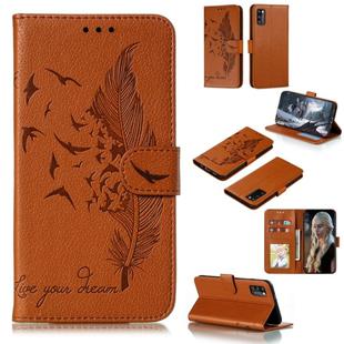 For Galaxy A41 Litchi Texture Feather Embossing Pattern Horizontal Flip Leather Case with Holder & Card Slots & Wallet & Photo Frame & Lanyard(Brown)