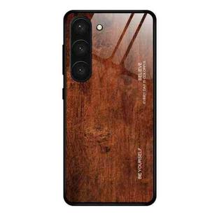 For Samsung Galaxy S23 5G Wood Grain Glass Phone Case(Dark Brown)