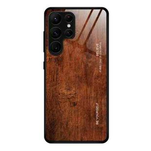 For Samsung Galaxy S23 Ultra 5G Wood Grain Glass Phone Case(Dark Brown)
