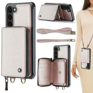 For Samsung Galaxy S23 5G JEEHOOD C22 Series Zipper Wallet Leather Phone Case with Dual Lanyard(Rose Gold)