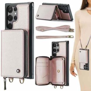 For Samsung Galaxy S23 Ultra 5G JEEHOOD C22 Series Zipper Wallet Leather Phone Case with Dual Lanyard(Rose Gold)