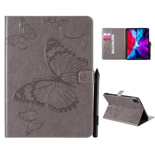 For iPad Pro 12.9 (2020) Pressed Printing Butterfly Pattern Horizontal Flip Leather Tablet Case with Holder & Card Slots & Wallet(Grey)