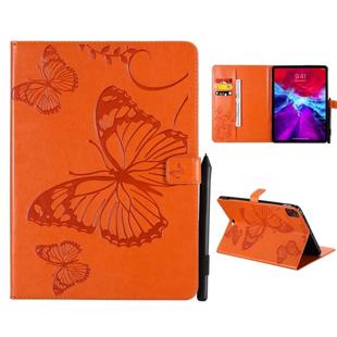 For iPad Pro 12.9 (2020) Pressed Printing Butterfly Pattern Horizontal Flip Leather Tablet Case with Holder & Card Slots & Wallet(Orange)