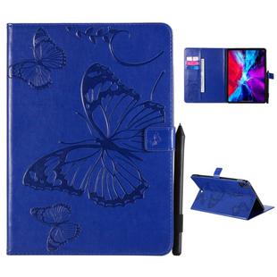 For iPad Pro 12.9 (2020) Pressed Printing Butterfly Pattern Horizontal Flip Leather Tablet Case with Holder & Card Slots & Wallet(Blue)