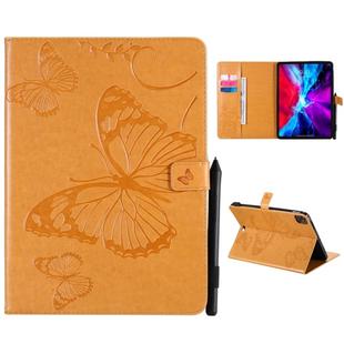 For iPad Pro 12.9 (2020) Pressed Printing Butterfly Pattern Horizontal Flip Leather Tablet Case with Holder & Card Slots & Wallet(Yellow)
