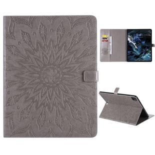For iPad Pro 12.9 (2020)  & Pro 12.9 (2018) Pressed Printing Sunflower Pattern Horizontal Flip PU Leather Tablet Case with Holder & Card Slots & Wallet(Grey)