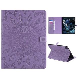 For iPad Pro 12.9 (2020) & Pro 12.9 (2018) Pressed Printing Sunflower Pattern Horizontal Flip PU Leather Tablet Case with Holder & Card Slots & Wallet(Purple)