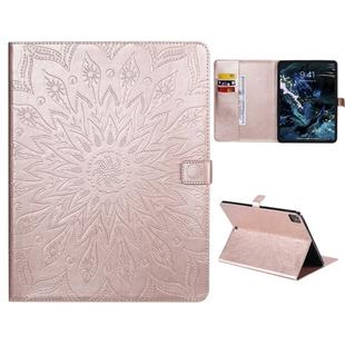 For iPad Pro 12.9 (2020) & Pro 12.9 (2018) Pressed Printing Sunflower Pattern Horizontal Flip PU Leather Tablet Case with Holder & Card Slots & Wallet(Rose Gold)