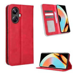 For Realme 10 Pro+ Magnetic Buckle Retro Texture Leather Phone Case(Red)