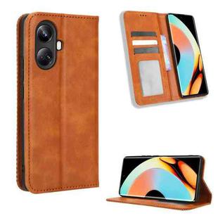 For Realme 10 Pro+ Magnetic Buckle Retro Texture Leather Phone Case(Brown)