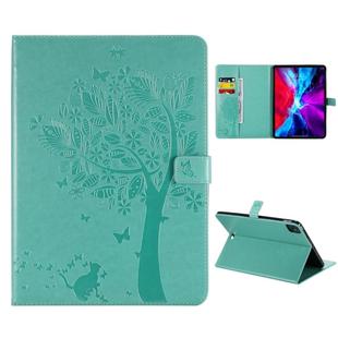 For iPad Pro 12.9 (2020) Pressed Printing Cat and Tree Pattern Horizontal Flip Leather Tablet Case with Holder & Card Slots & Wallet(Green)