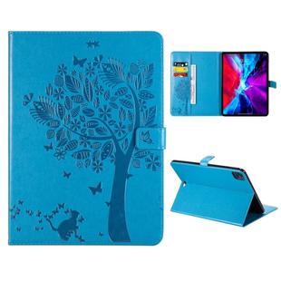 For iPad Pro 12.9 (2020) Pressed Printing Cat and Tree Pattern Horizontal Flip Leather Tablet Case with Holder & Card Slots & Wallet(Blue)