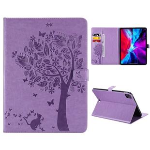 For iPad Pro 12.9 (2020) Pressed Printing Cat and Tree Pattern Horizontal Flip Leather Tablet Case with Holder & Card Slots & Wallet(Purple)