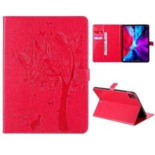 For iPad Pro 11 (2020) Pressed Printing Cat and Tree Pattern Horizontal Flip Leather Tablet Case with Holder & Card Slots & Wallet(Red)