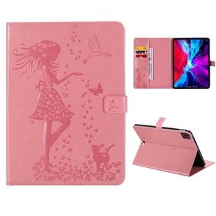 For iPad Pro 12.9 (2020) Pressed Printing Woman and Cat Pattern Horizontal Flip Leather Tablet Case with Holder & Card Slots & Wallet(Pink)