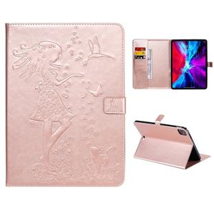 For iPad Pro 12.9 (2020) Pressed Printing Woman and Cat Pattern Horizontal Flip Leather Tablet Case with Holder & Card Slots & Wallet(Rose Gold)