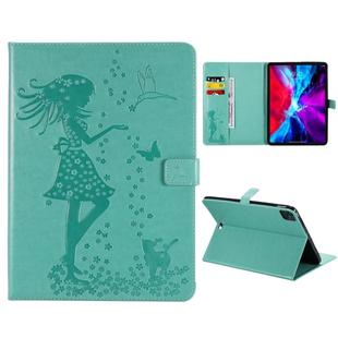 For iPad Pro 11 (2020) Pressed Printing Woman and Cat Pattern Horizontal Flip Leather Tablet Case with Holder & Card Slots & Wallet(Green)
