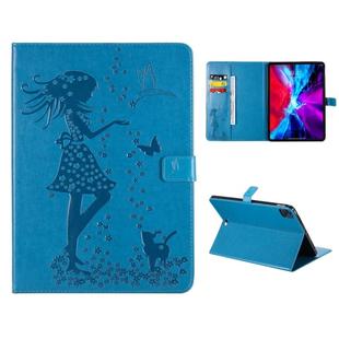 For iPad Pro 11 (2020) Pressed Printing Woman and Cat Pattern Horizontal Flip Leather Tablet Case with Holder & Card Slots & Wallet(Blue)