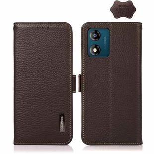 For Motorola Moto E13 2023 4G KHAZNEH Side-Magnetic Litchi Genuine Leather RFID Phone Case(Brown)